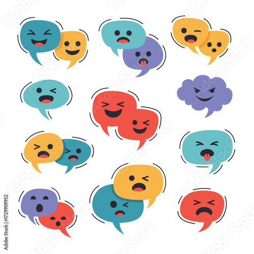 A collection of diverse cartoon speech bubbles depicting various emotions and reactions.