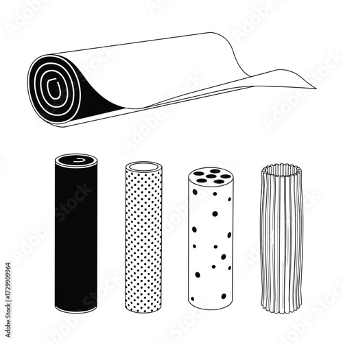 A rolled sheet of material is shown above four cylindrical objects with different textured surfaces.
