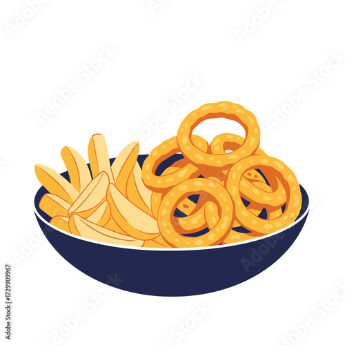 Crispy golden onion rings and potato wedges served in a dark blue bowl.