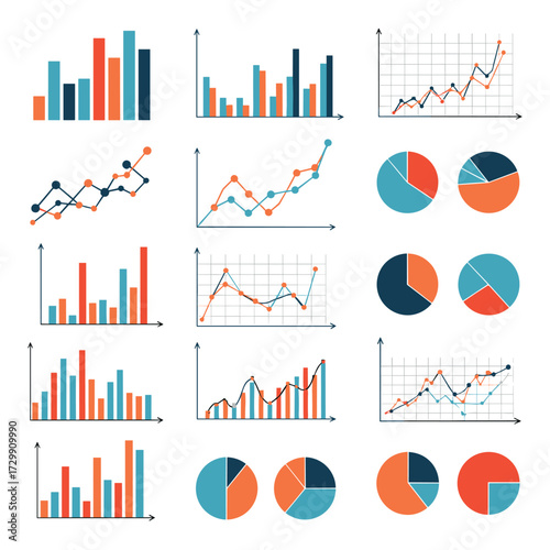 A comprehensive collection of various types of charts and graphs illustrating data analysis and visualization.
