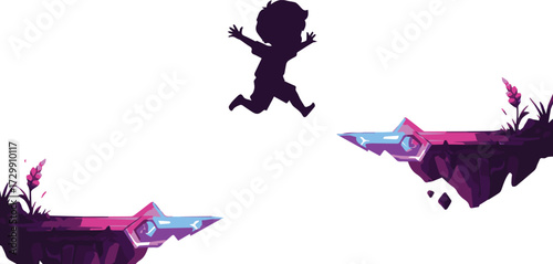 Joyful silhouette of a child taking a courageous leap between floating futuristic platforms, a concept for adventure and progress