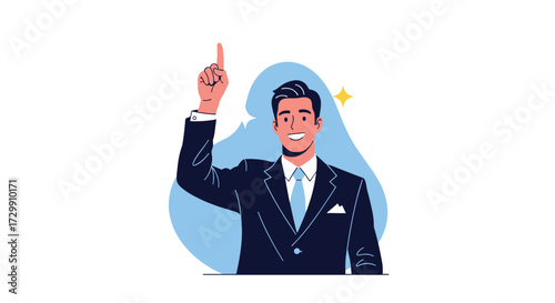 A businessman in a suit points his finger up with an idea glowing.