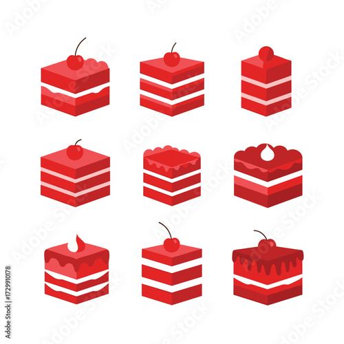 Collection of delicious square red velvet cakes with cream cheese frosting and cherry on top presented in a grid format on a white background.