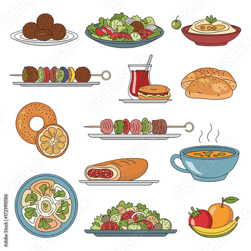 A vibrant collection of Middle Eastern and Mediterranean dishes including kebabs salads and desserts.