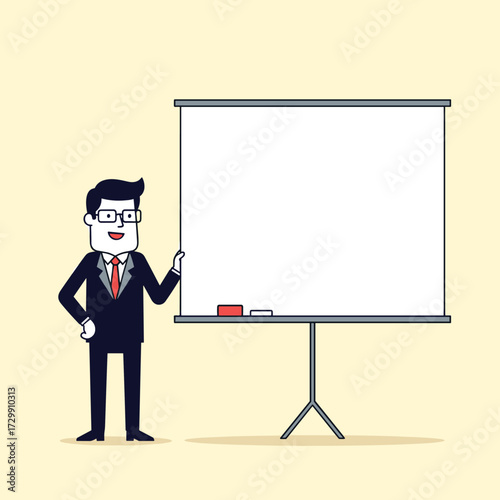 A man in a suit stands next to a blank presentation screen, ready to teach or explain something important.