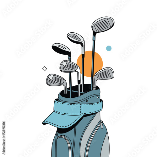 A collection of golf clubs in a bag with a few decorative circles.