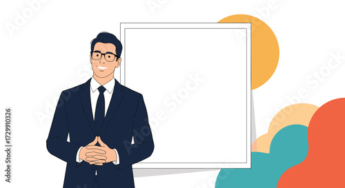 A professional business man standing next to a presentation board ready to share ideas.