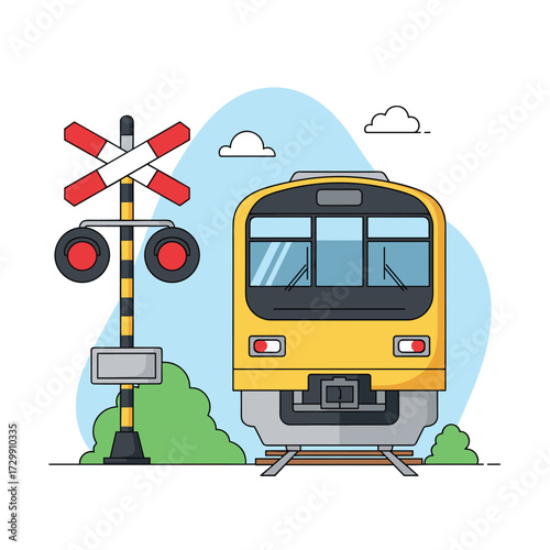 A yellow train approaches a railway crossing with red signal lights and white clouds in the background.