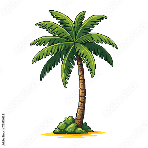 A vibrant pixelated palm tree stands tall on a sandy island with lush green foliage at its base.