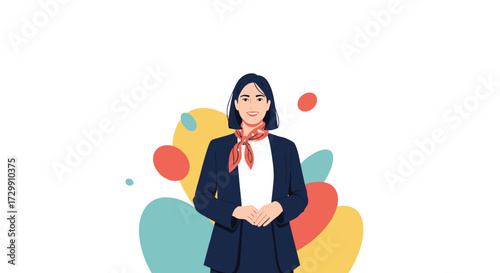 Professional woman in a suit with a colorful scarf stands confidently in front of abstract shapes.