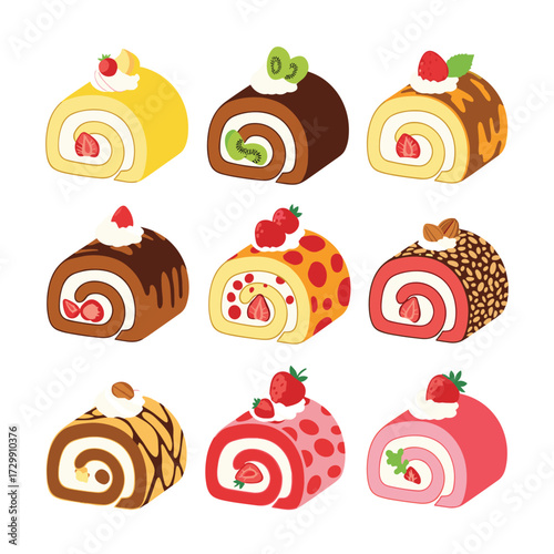 A vibrant collection of nine delicious swiss roll cakes featuring assorted fruit fillings and decorative toppings.