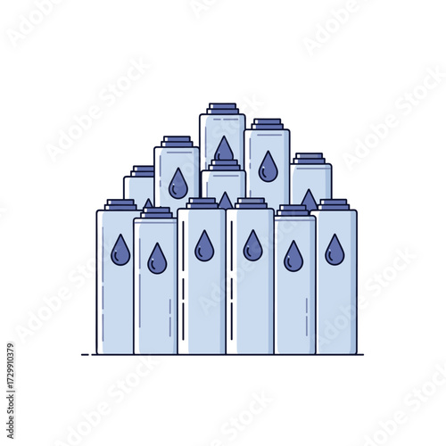 A pyramid-shaped arrangement of many tall cylindrical containers topped with blue caps, each featuring a single blue droplet emblem.
