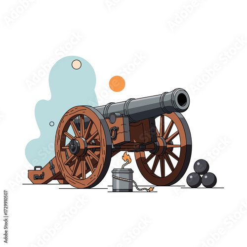 A detailed illustration of an antique wooden cannon with cannonballs and a bucket.