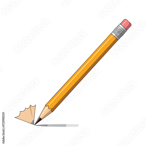 A yellow pencil is sharpening and leaving behind shavings on a white surface.
