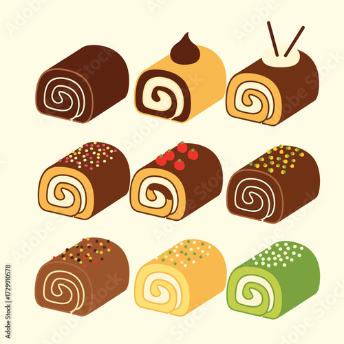 An assortment of delicious Swiss roll cakes and desserts.