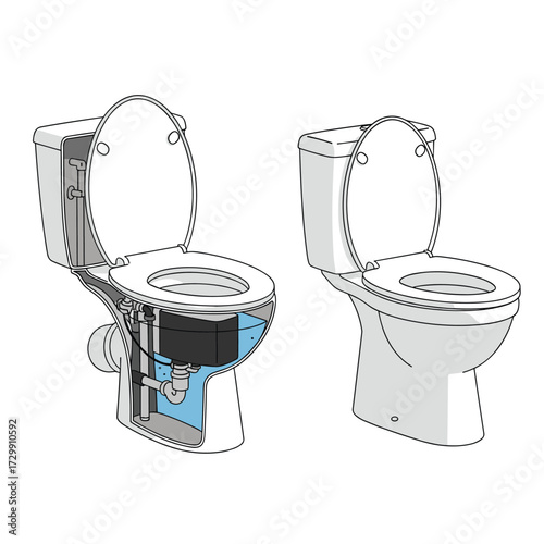 An illustration showing a cross section of a toilet tank and bowl with water levels and components on the left and a standard toilet on the right.