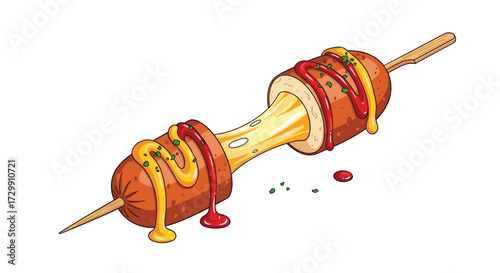 A cheesy corn dog with ketchup and mustard drizzled on top with a string of cheese stretching between the two halves.
