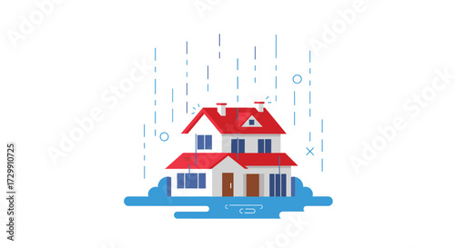 Heavy rain causes flooding around residential houses and property damage.