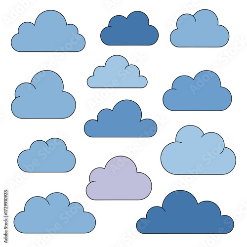 A collection of fluffy blue clouds in various shades and sizes illustrating the beauty of the sky.