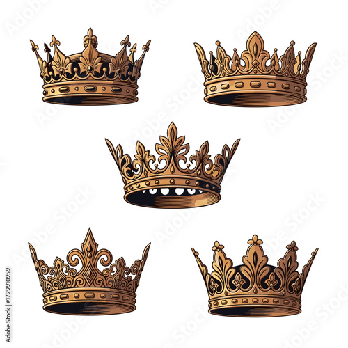 A collection of ornate golden crowns on a white background symbolizing royalty power and prestige.