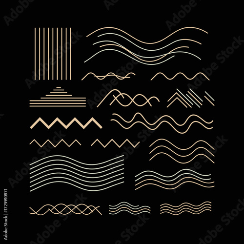 A collection of various abstract golden wavy lines and geometric shapes on a black background.