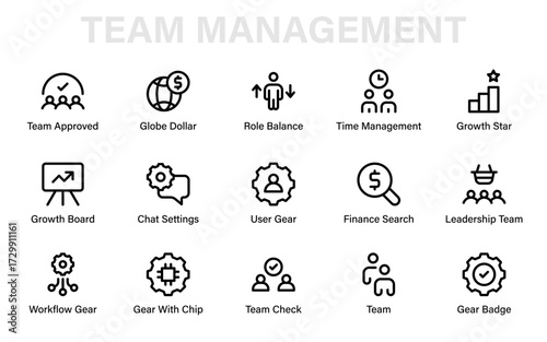 Professional line icon set featuring teamwork, workflow, leadership, finance, time management, growth, and settings symbols for modern business design.