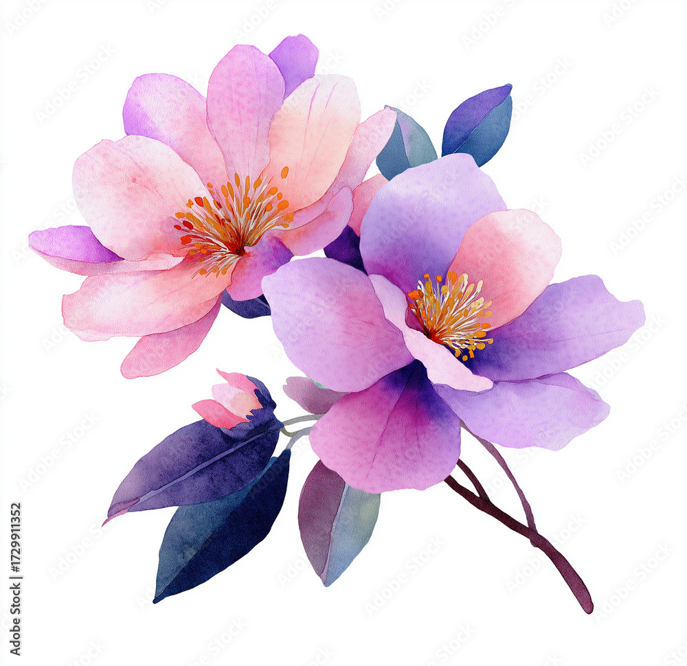 Obraz premium Vibrant Watercolor Blooms Soft Pink and Amethyst Flowers with Contrasting Indigo Leaves on White Background