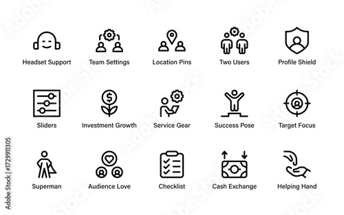 Business growth and support line icon set featuring helping hand, customer service, finance, teamwork, protection, target focus, and success symbols.
