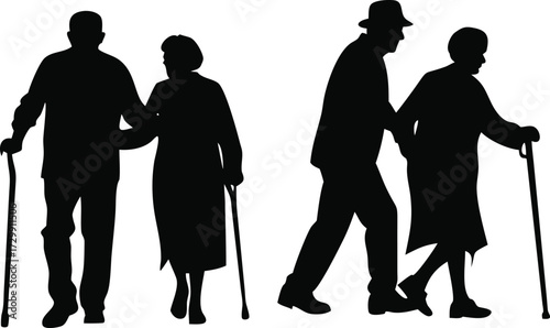 Elderly couple or grandparents walking together. They are holding a stick in hand., Senior Citizen Vector Illustrations. Eps 10