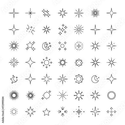 A collection of sparkling star and celestial body illustrations on a white background.