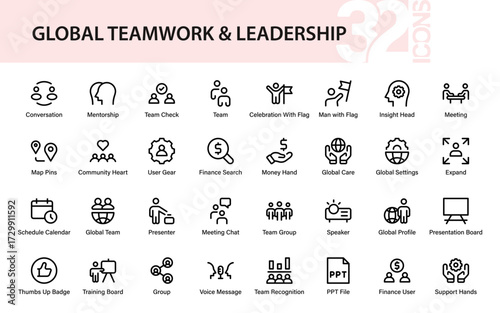 Teamwork leadership line icons featuring celebration, meetings, mentorship, finance, global collaboration, recognition, and presentation for business projects