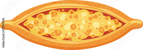 Traditional Turkish pide in a unique boat shape, topped generously with melted cheese, ideal for showcasing Mediterranean cuisine and bakery concepts