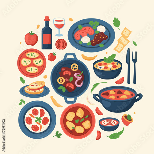 A delightful arrangement of delicious Italian cuisine dishes and ingredients arranged in a circular pattern.