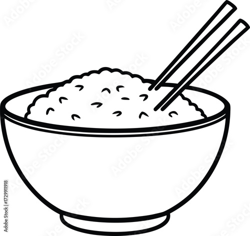 Rice bowl with chopsticks line art on transparent background