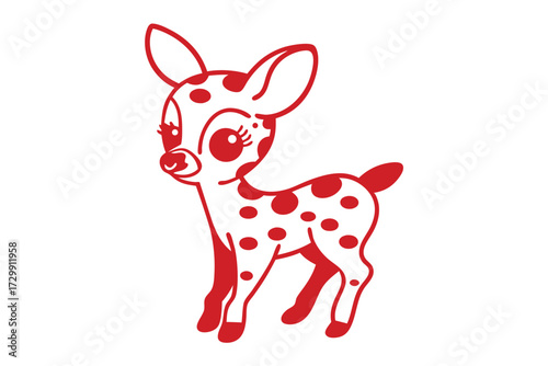 Red outline of a cute spotted cartoon deer standing against a white backdrop