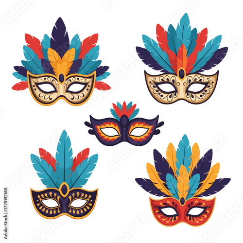 A collection of ornate festival masks adorned with colorful feathers for masquerade events.