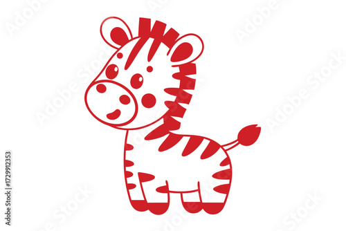 Red outlined cartoon zebra standing on white background with red stripes and spots smiling