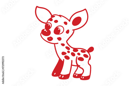 Red outlined fawn stands sweetly with spots against the white background in a whimsical manner