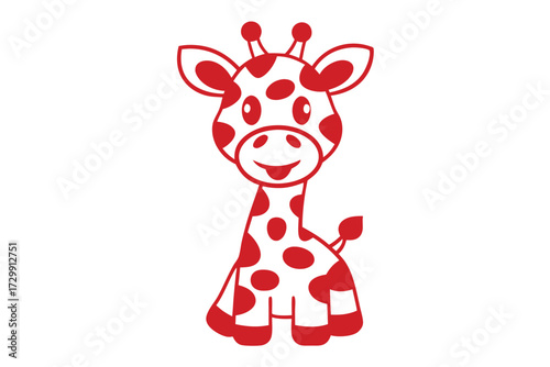 Red outlined giraffe with spots stands smiling joyfully on the white background elegantly