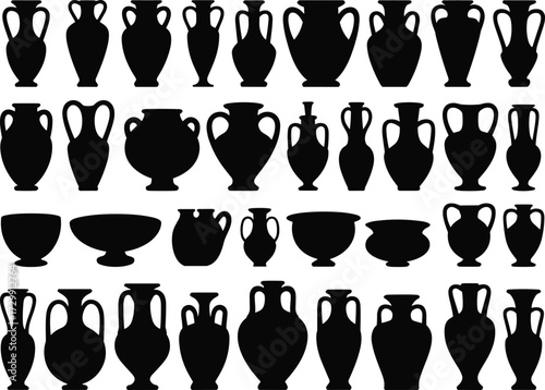 Collection of ancient Greek vase silhouettes, amphora, pottery shapes, ceramic jars, antique urns, classical vessels, and decorative historical containers