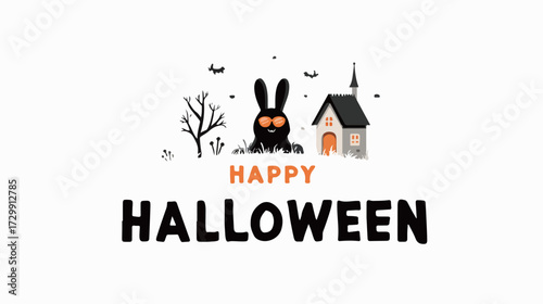 Halloween table display, wall calendar, decoration, ad, icon, logo, illustration, poster, a tiny house and bad bunny above