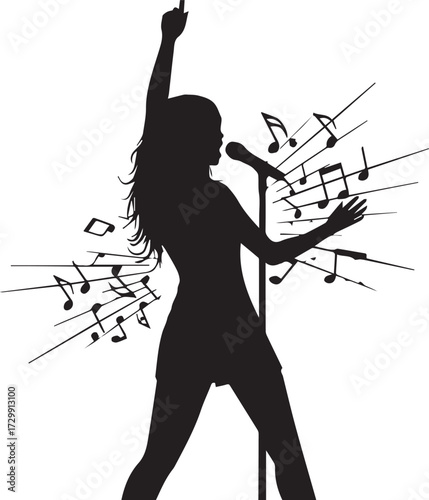 Energetic silhouette of a female singer performing with passion, surrounded by an explosion of musical notes