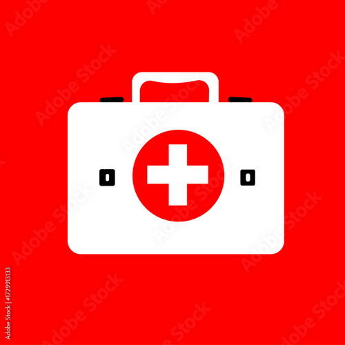 A black silhouette of a medical first aid kit with a white cross symbol on a white background.
