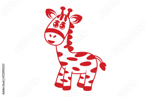 Red spotted cartoon giraffe smiles cheerfully against a stark white, clean backdrop