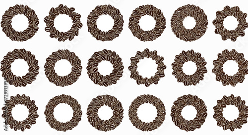 Coffee beans arranged in circular patterns on white surface creating abstract shapes and textures, showcasing variety and creativity in food art with warm, inviting tones.