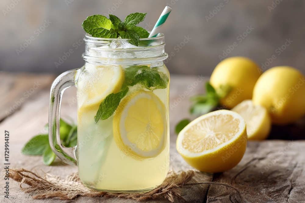 Fototapeta premium Refreshing homemade lemonade with mint and ice in glass jar