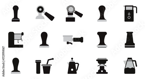 Collection of coffee making equipment arranged on white surface representing different tools for brewing and serving coffee in a minimalist style.