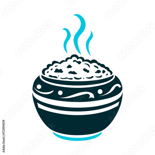 Stylized Pongal Rice Pot with Steam Illustration Clay pot overflowing with rice stylised as a rounded vessel with steam swirls Pongal