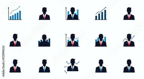 Silhouetted business people and rising bar graphs represent financial growth and professional success in a clean, modern style.