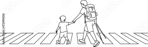 Father and child walking, crossing pedestrian crosswalk, dad holding kid hand, family safety walk, backpack traveler, outdoor parenting moment, parent child bond vector design illustration